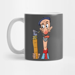 Frenchman with mouse, baguette and cheese - caricature Mug